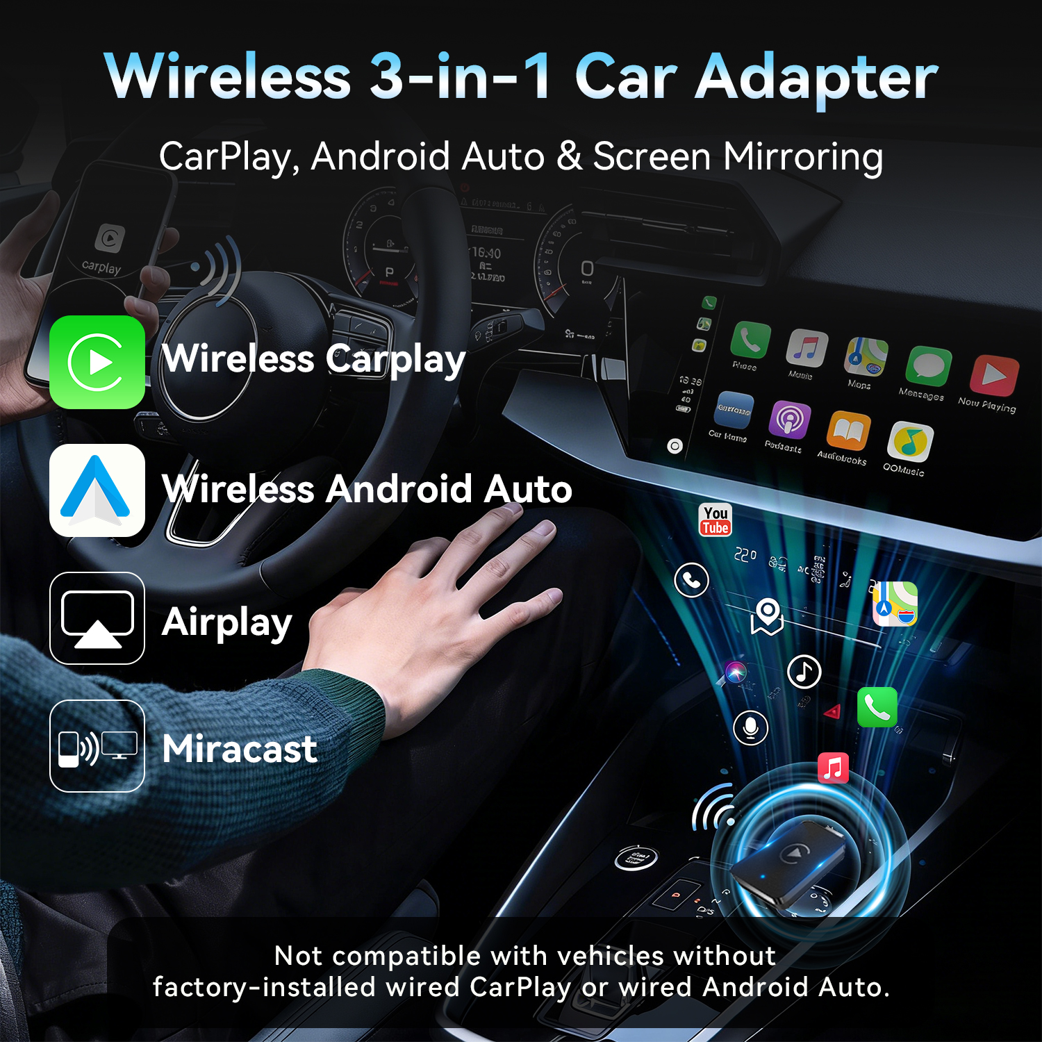 3 in 1 Wireless CarPlay and Android Auto Adapter | Easy Setup Plug and Play, Fast Seamless Use, Supports 1000+ Cars with Built-in Wired Car Play/Android Auto, Compact Design - Image 2