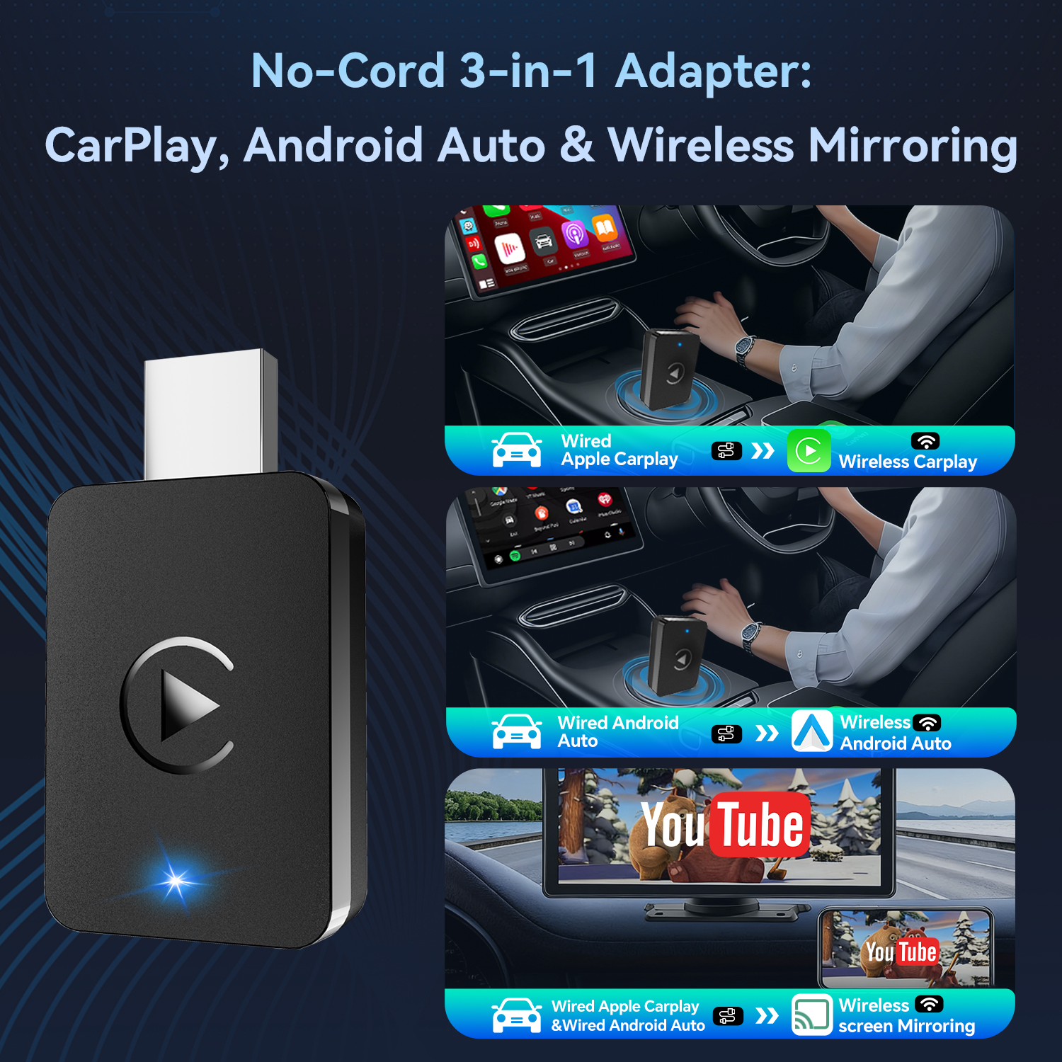3 in 1 Wireless CarPlay and Android Auto Adapter | Easy Setup Plug and Play, Fast Seamless Use, Supports 1000+ Cars with Built-in Wired Car Play/Android Auto, Compact Design - Image 3