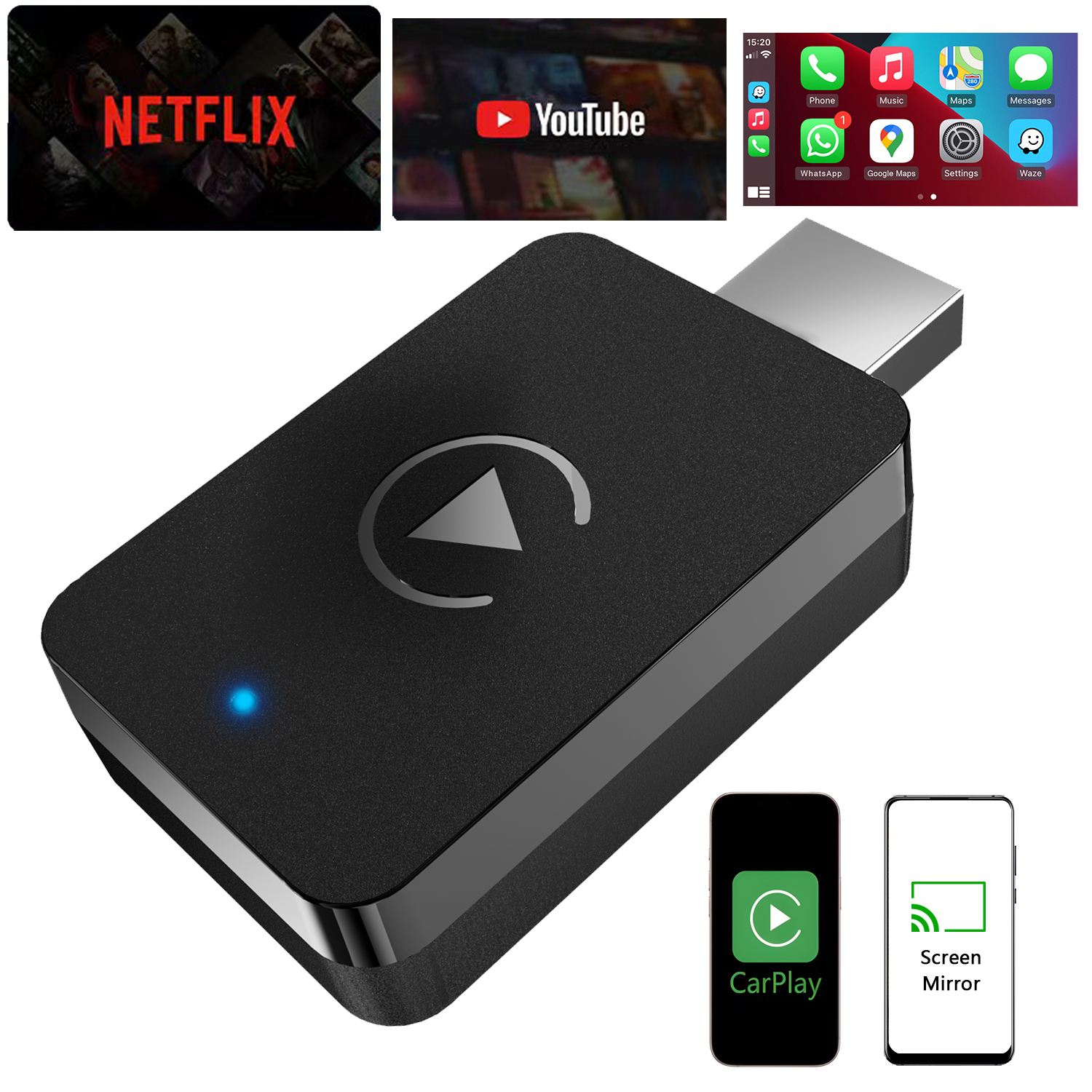 Wireless CarPlay Adapter with Wired DP Video Streaming for YouTube TikTok, Screen Mirroring for iOS & Android, Voice Control Navigation Music Calls, Compatible with Wired CarPlay - Image 2