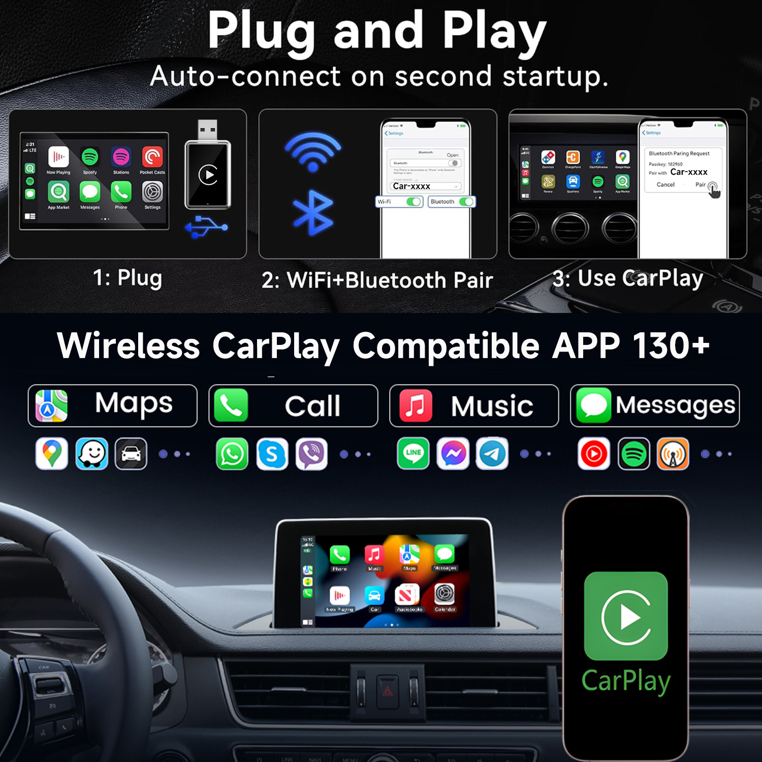 Wireless CarPlay Adapter with Wired DP Video Streaming for YouTube TikTok, Screen Mirroring for iOS & Android, Voice Control Navigation Music Calls, Compatible with Wired CarPlay - Image 5