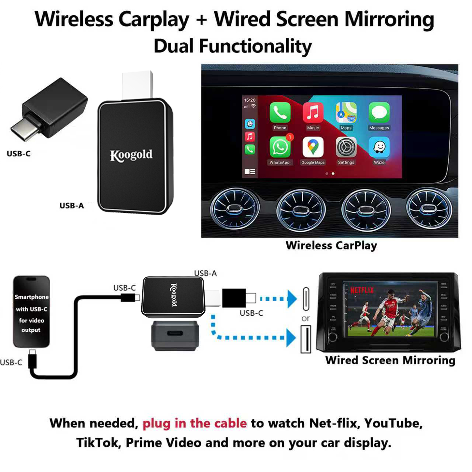 Wireless CarPlay Adapter with Wired DP Video Streaming for YouTube TikTok, Screen Mirroring for iOS & Android, Voice Control Navigation Music Calls, Compatible with Wired CarPlay - Image 6