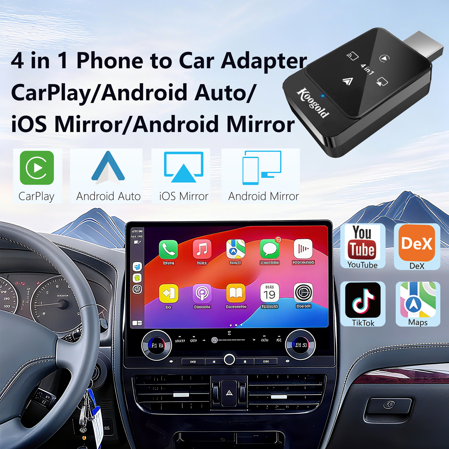 Wireless CarPlay Android Auto Adapter 4-in-1 Video Mirror, One-Touch Screen Mirroring Dongle with Wireless AirPlay & Miracast, Watch YouTube Phone Apps, Plug & Play for OEM Wired CarPlay - Image 2
