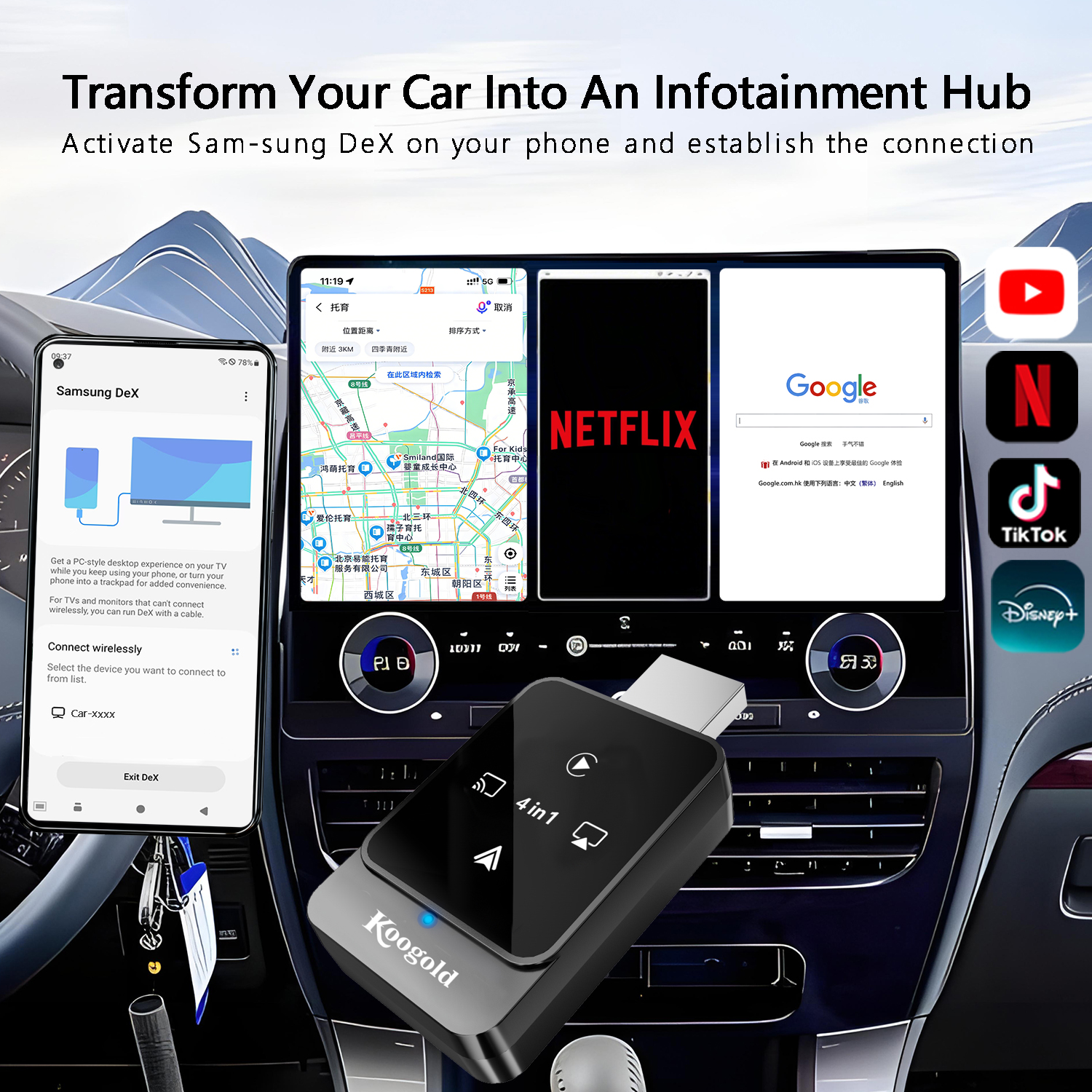 Wireless CarPlay Android Auto Adapter 4-in-1 Video Mirror, One-Touch Screen Mirroring Dongle with Wireless AirPlay & Miracast, Watch YouTube Phone Apps, Plug & Play for OEM Wired CarPlay - Image 5