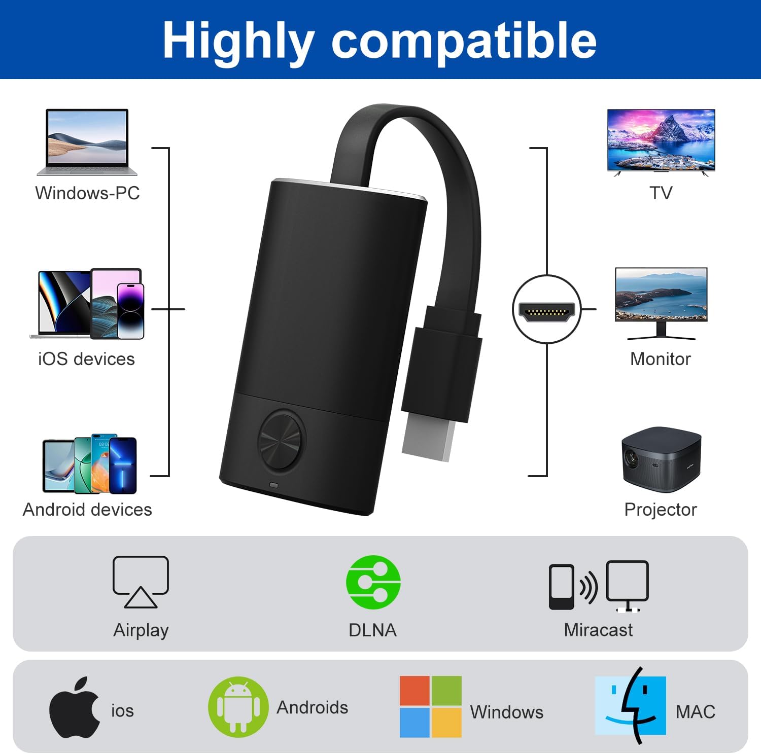 Wireless HDMI Display Dongle Adapter, Receiver Streaming Media Video/Audio/File HDMI Wireless Extender from Smartphone,Laptop to HDTV/Projector/Monitor, Support Airplay DLNA - Image 9